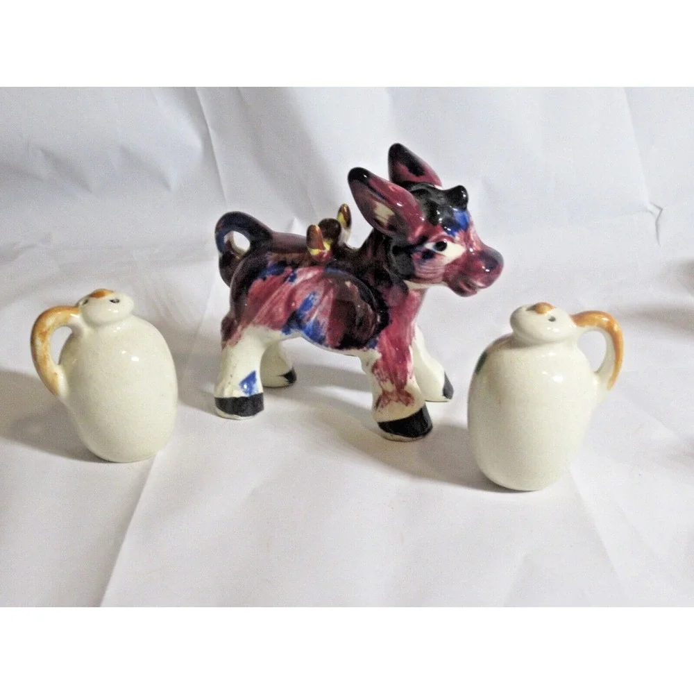 Vintage Japan Salt Pepper Shakers Donkey burro mule Painted Jugs